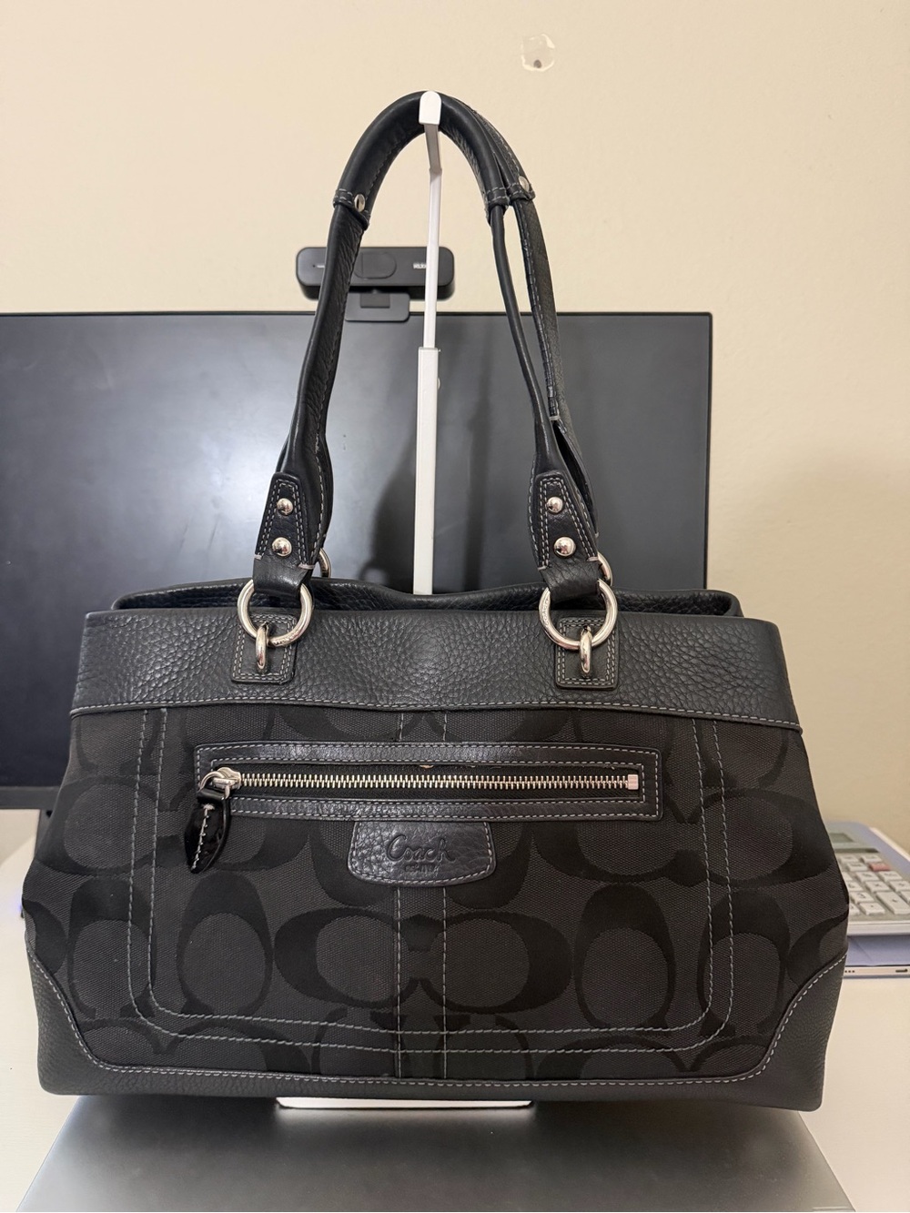Coach Black Signature Canvas Tote with Leather Trim. Excellent condition.